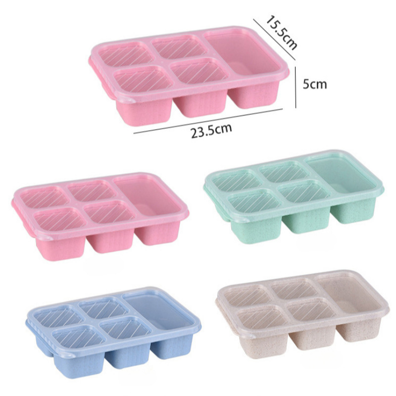 Lunchbox met vijf compartimenten en deksel, thee- en snackbox, lunchbox van tarwestro, bento-box, vershoudbakje voor snacks, snackbox.