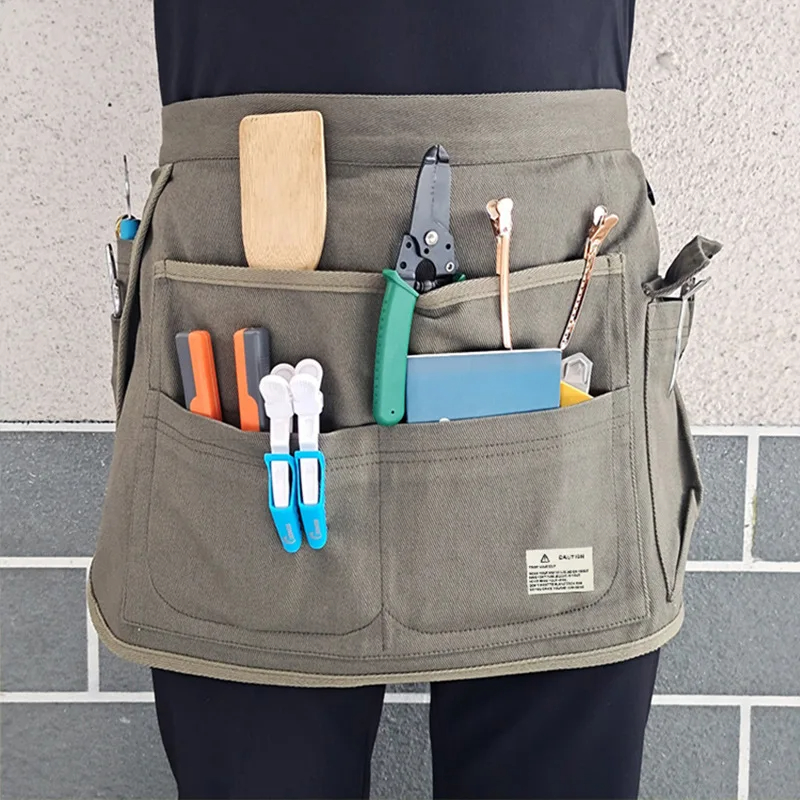 Delantal de media cintura a la , delantal ajustable de lona con múltiples bolsillos, herramienta de peluquero hortícola, delantal de cintura para hombres y mujeres