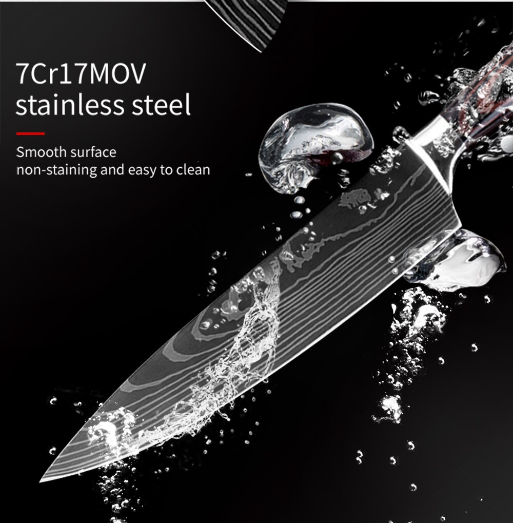 Damask 7 cr 17 kjøkkenkniver sett i rustfritt stål klyver skjæring damaskus vener overleve kjøkkenkniver sett med knivdekseletui