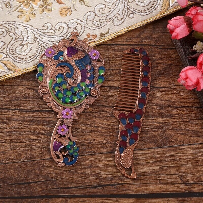 Makijaż lustro chiński Vintage Hollow-out rzeźba Rhinestone lustro zestaw grzebieni z pudełko eleganckie z kieszeniami lustro dla kobiet
