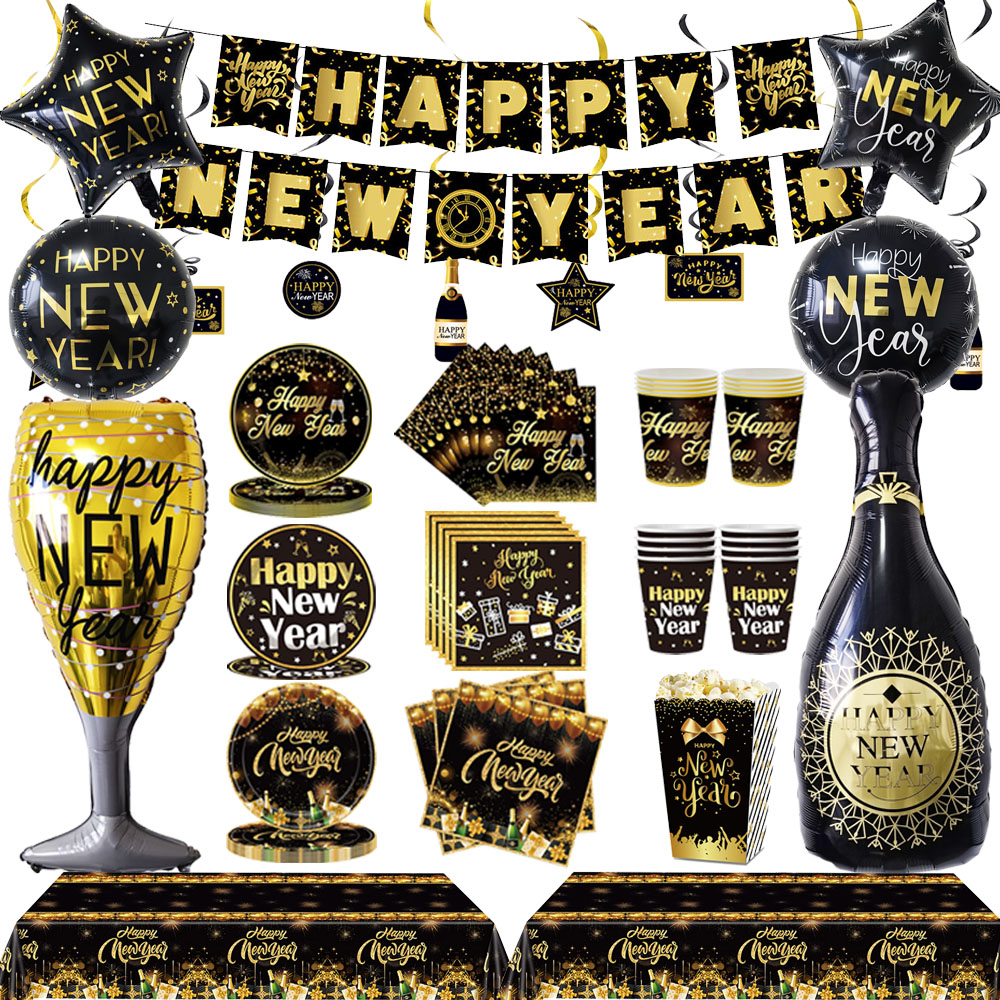 glücklich Jahr Vorabend Partyzubehör Einweg-Erzähler aus Schwarzgold für Neujahr, Servietten, Tischdecke, Neujahrsbanner, Folienballon-Dekorationen