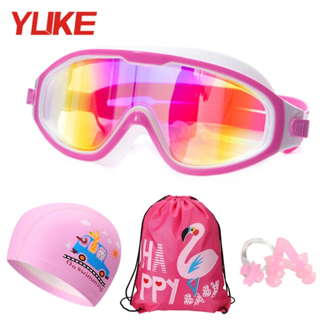 Yuke Waterproof Silicone Kids Swim Goggles for Children swimming glasses with Earplug Nose Clip Swim cap bag Set pool Eyewear: Pink