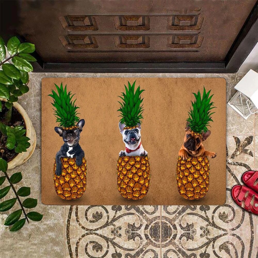 CLOOCL Haustier Hund Bulldogge in Ananas Fußmatt 3D Gedruckt Saugfähigen Nicht-Unterhose Teppich Geeignet für Schlafzimmer Küche Veranda
