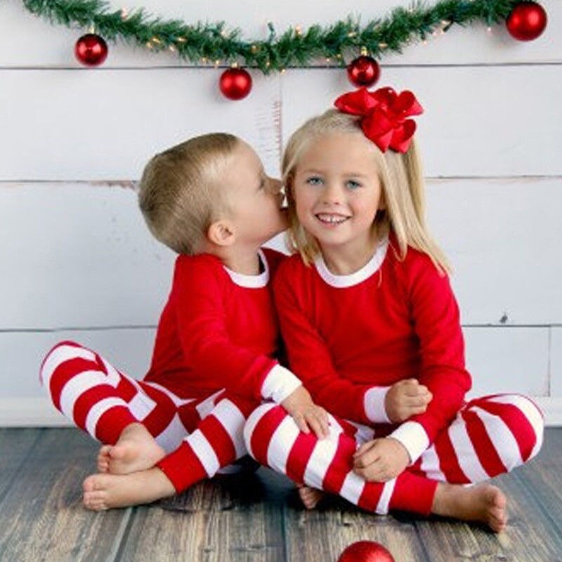 Efterår vinter 2 stk toddler børn langærmet rødt sæt baby drenge piger stribet tøj jul pyjamas nattøj sæt