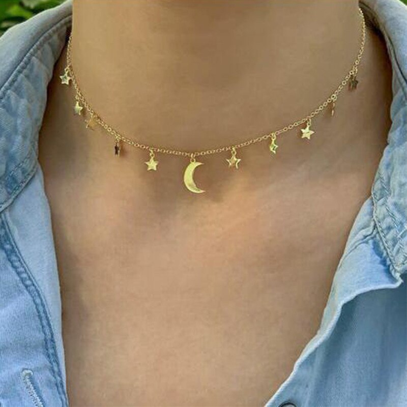 Bohemian Moon Pendant Multilayered Chain Necklace For Women Gold Map Coin Chain Choker Necklace Jewelry Party: CS51927
