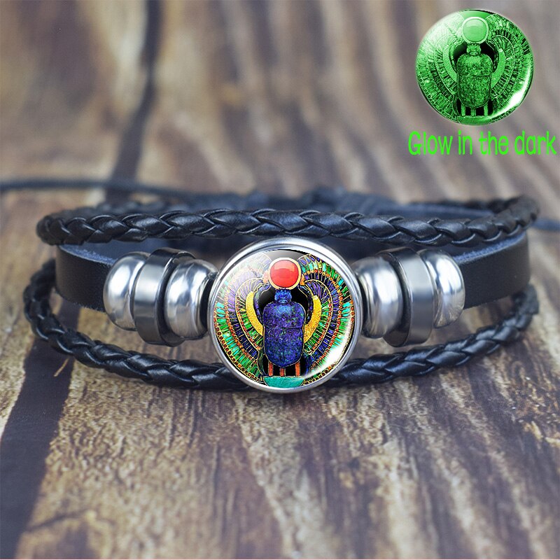 Pulsera de Ankh egipcio que brilla en la oscuridad, brazalete Punk Vintage Antiguo Egipto Anubis Scarab diosa, pulseras multicapa, joyería de amuleto: as show 4