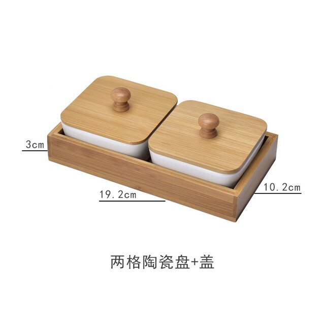 Japanese-style Ceramic Wooden Food Storage Tray Home Kitchen Multi Grid Nut Snack Candy Organized Decoration Trays: 2grids With lid