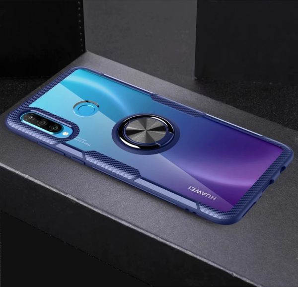 Huawei P30 Lite Case Cover Luxe Transparante PC + Carbon Fiber Volledige Bescherming Ring Magnetisme Shell sFor Huawei P30 Coque funda: Huawei P30 Lite / Blauw