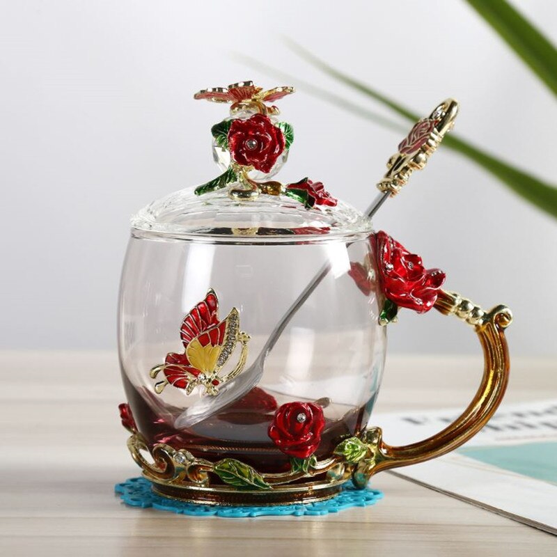 Enamel Glass Cup Tea Water Coffee Cup European Style Crystal Rose Flower Mug With Handle Lid Spoon Drinkware: Red Short