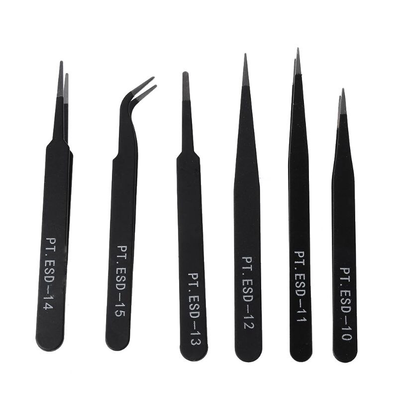 6Pcs Anti-static ESD Stainless Steel Tweezers Maintenance Tools Industrial Precision Curved Straight Tweezers ESD10-15