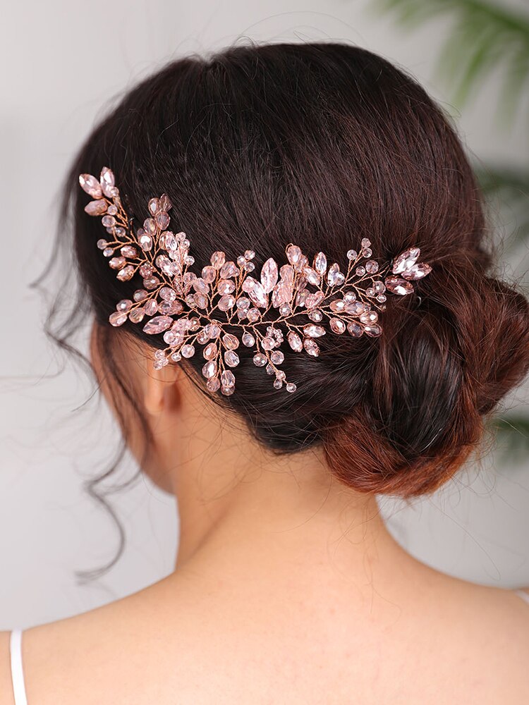 Tiara de novia, diadema de boda, tocado rosa, diadema dorada, tocado de Accesorios nupciales para el cabello para mujer