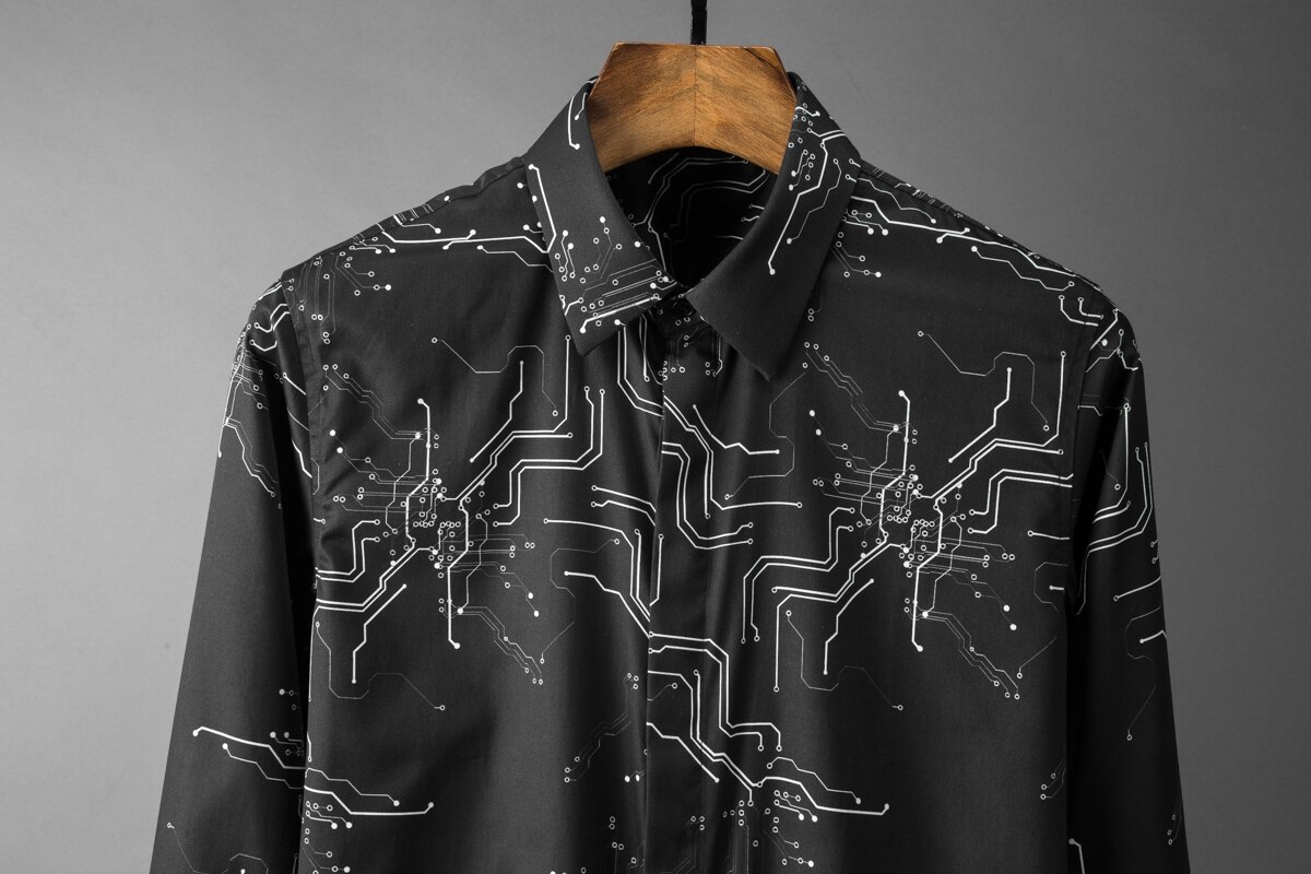 Lyxiga 100% - bomulls elektroniskt tryckta långärmade skjortor för herr plus storlek 4xl slim fit festmankappor