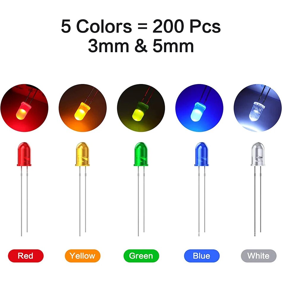 Diodo LED de 200 piezas, 3 mm, 5 mm, diodos emisores de luz LED transparentes, bombilla, lámpara LED, rojo, verde, azul, amarillo, blanco, para experimentos científicos: Default Title