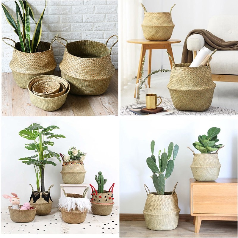 Cesta de cestería para algas marinas, maceta de flores colgante de ratán, cesto para ropa sucia, cestas plegables de almacenamiento, jardín casero decorativo