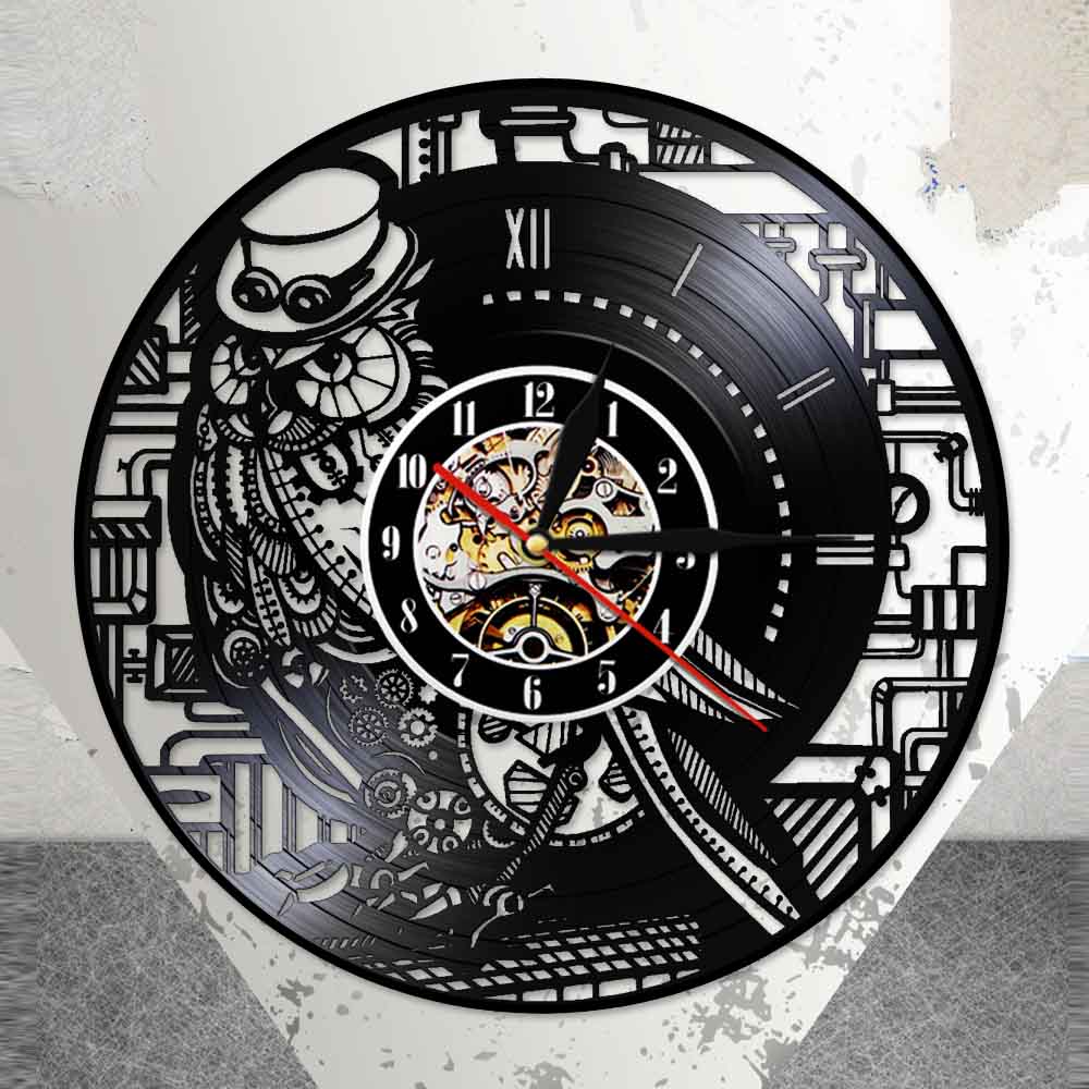 Steampunk ugle vinyl rekord led let væg ur ornamenter ur gear og tandhjul væg ur lavet af ægte vinyl plade