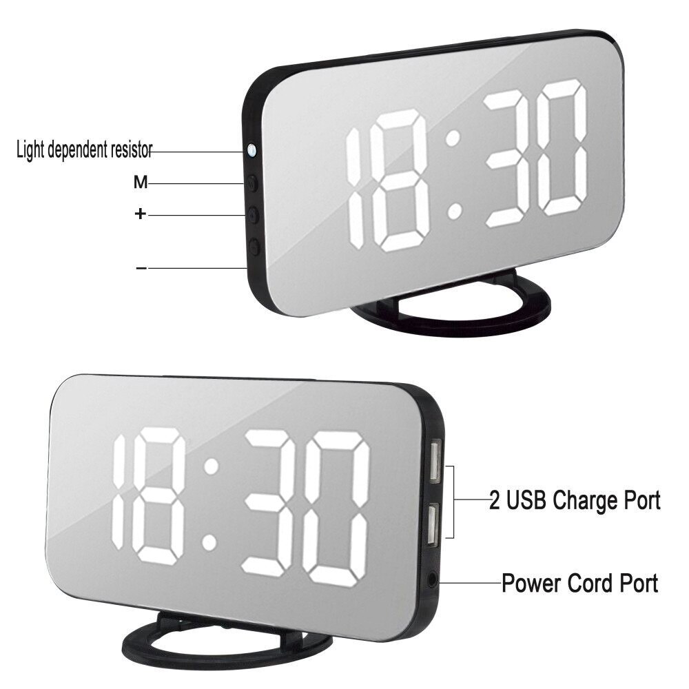 Wekker Digitale Elektronische Smart Led Spiegel Snooze Tabel 2 Usb-uitgang Poorten Telefoon Opladen Auto Verstelbare Licht Muur Horloge