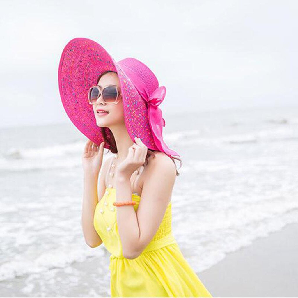 Women Colorful Big Brim Straw Hat Sun Floppy Wide Brim Hats Bowknot Folding Beach Cap Leopard Print women Summer hat: C