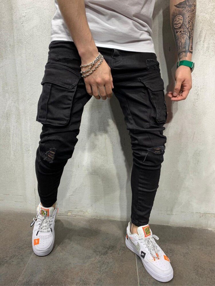 MAN British Style Fastener Overalls Street Suspender Pants Hip Hop Work Clothes Men's Ripped Gallus Suspender Pencil Jeans