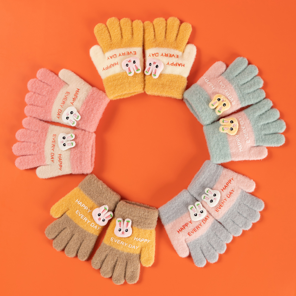 Guantes de lana para niña pequeña, manoplas de nieve para niño feliz todos los días, manoplas de dedos completos de conejo de invierno, accesorios para bebé de 3 a 5 años