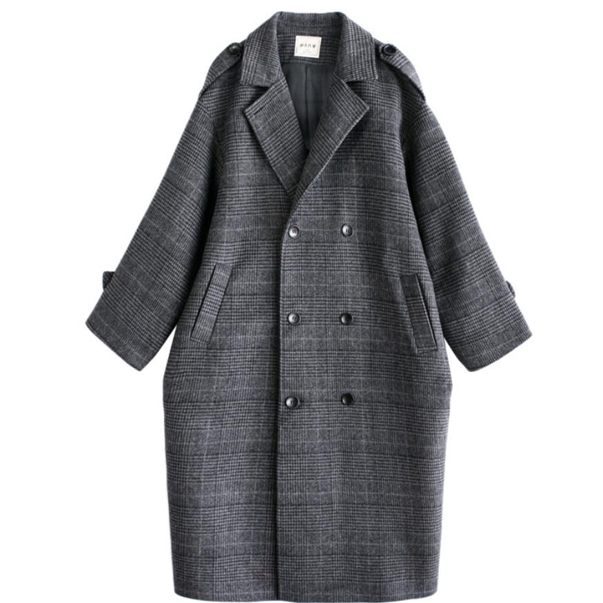 Wool Coat Women Plus Size Plaid Long Double Breasted Women Winter Blends for Ladies