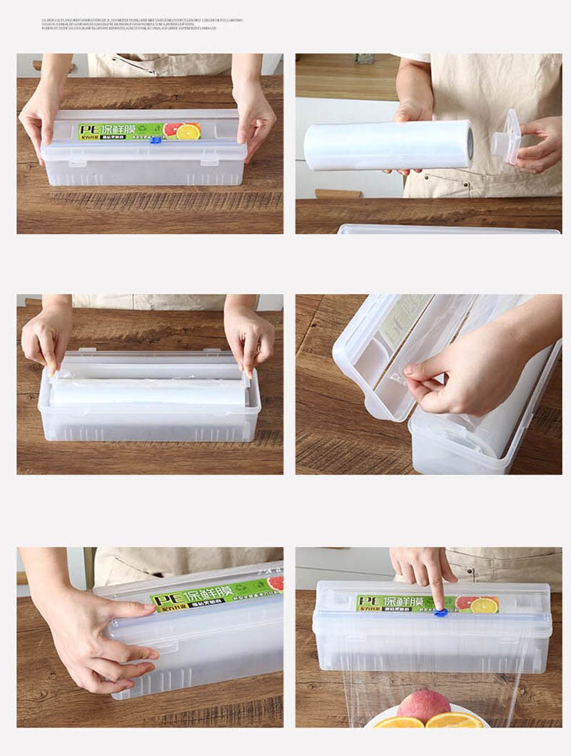 Alimentos de cozinha clingfilm cortador plástico caixa de corte ajustável cling film cortador preservação folha caixa de armazenamento com fundo sucção