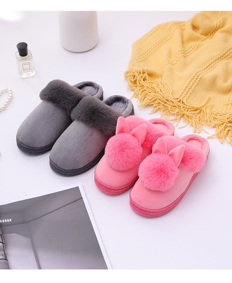 Rabbit Fur Slippers Women Winter Warmth Thickened Sole Indoor Wooden Floor Soft Home Slippers Cotton Shoes Women