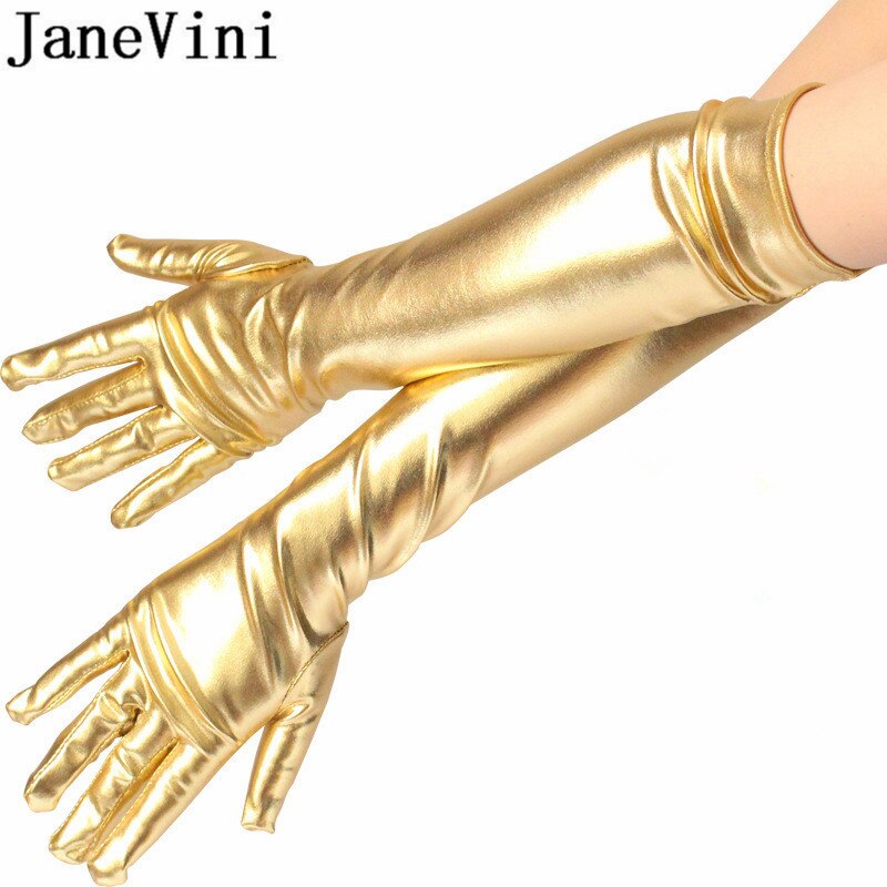 JaneVini-guantes de boda largos dorados/plateados brillantes para novia, longitud hasta el codo, guantes de novia, guante de de noche, accesorios de boda,