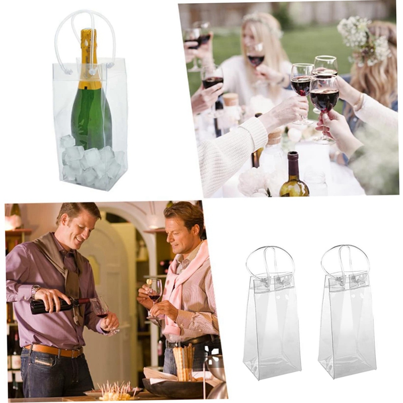 Bolsa de PVC transparente para enfriar botellas de vino, bolsa de hielo portátil con asa, paquete de 10 unidades