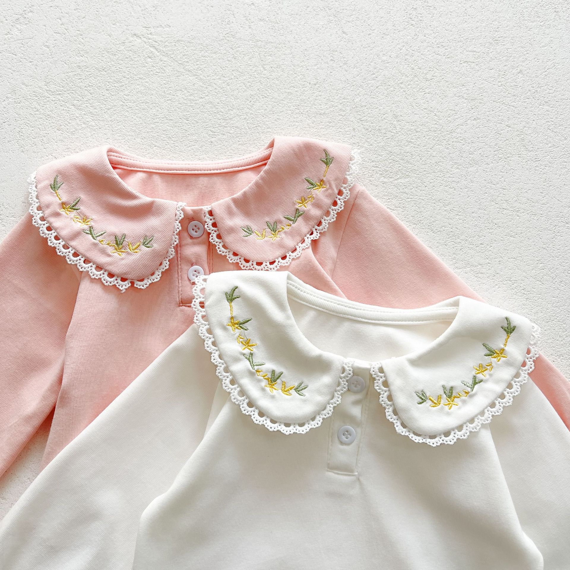 1417B Baby Clothes Girl&#39;s Bottoming Shirt 2022 Spring Floral Embroidered Collar Baby Girl Tops Cotton Long Sleeve T-shirt