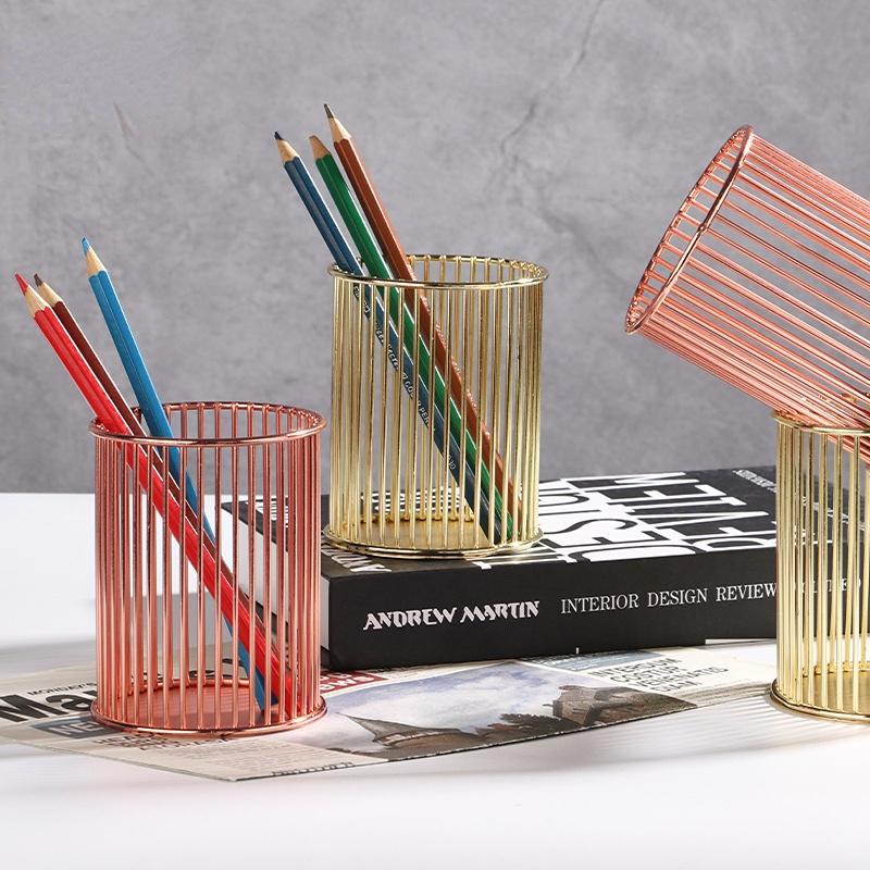 INS Desktop Pen Holder Office School Storage Case Metal Gold Rose Gold Box Desk Pen Pencil Organizer Home Decor Makeup Storage