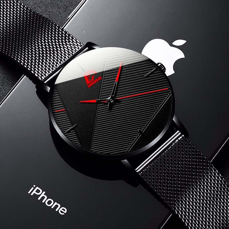 Herreure simple mænd business ultra tyndt rustfrit stål mesh bælte quartz ur minimalistiske armbåndsure til mænd