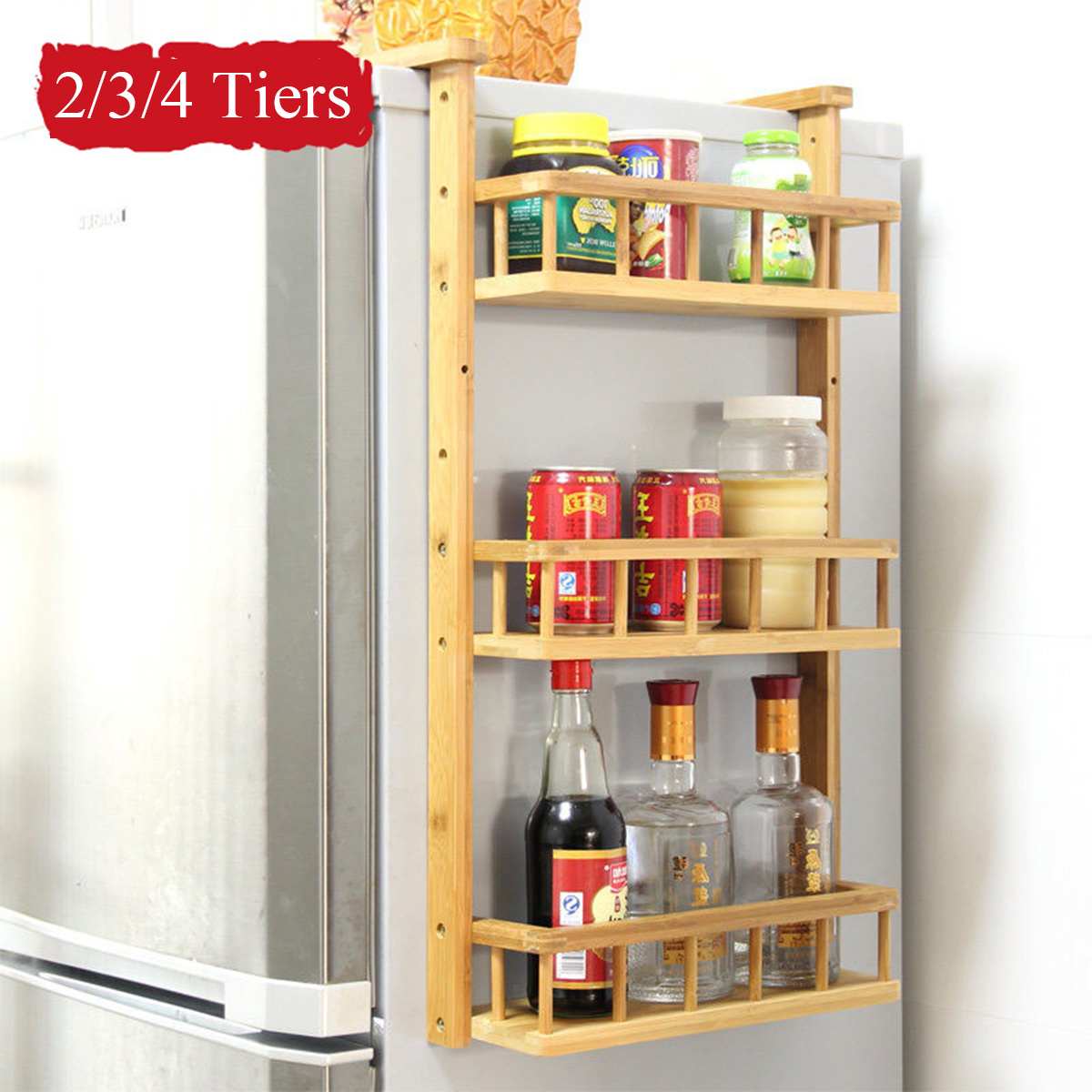 Multi-Layer Bamboo Adjustable Refrigerator Shelf Fridge Side Rack Sidewall Holder Kitchen Supplies Organizer Side Hanging Rack