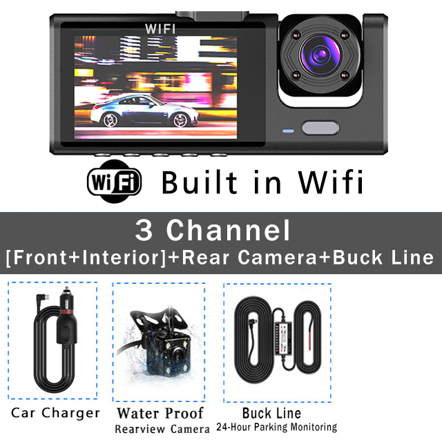 WiFi 3-Kanal-Dashcam Drei-Wege-Auto-DVR im Inneren Fahrzeugkamera-Recorder HD1080P Video Mini Registrator Kabine Dashcam Camcorder: YELLOW / 64G