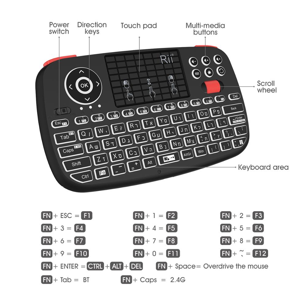 Rii i4 Hebrew Mini Keyboard 2.4GHz Bluetooth Dual Modes Handheld Fingerboard Backlit Mouse Touchpad for Windows Android