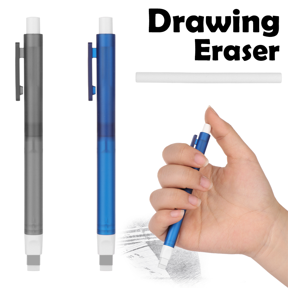 Goma de borrar para dibujo, juego de gomas de borrar con forma de lápiz blanca y azul de goma, reposición automática, gomas telescópicas, papelería, de aprendizaje