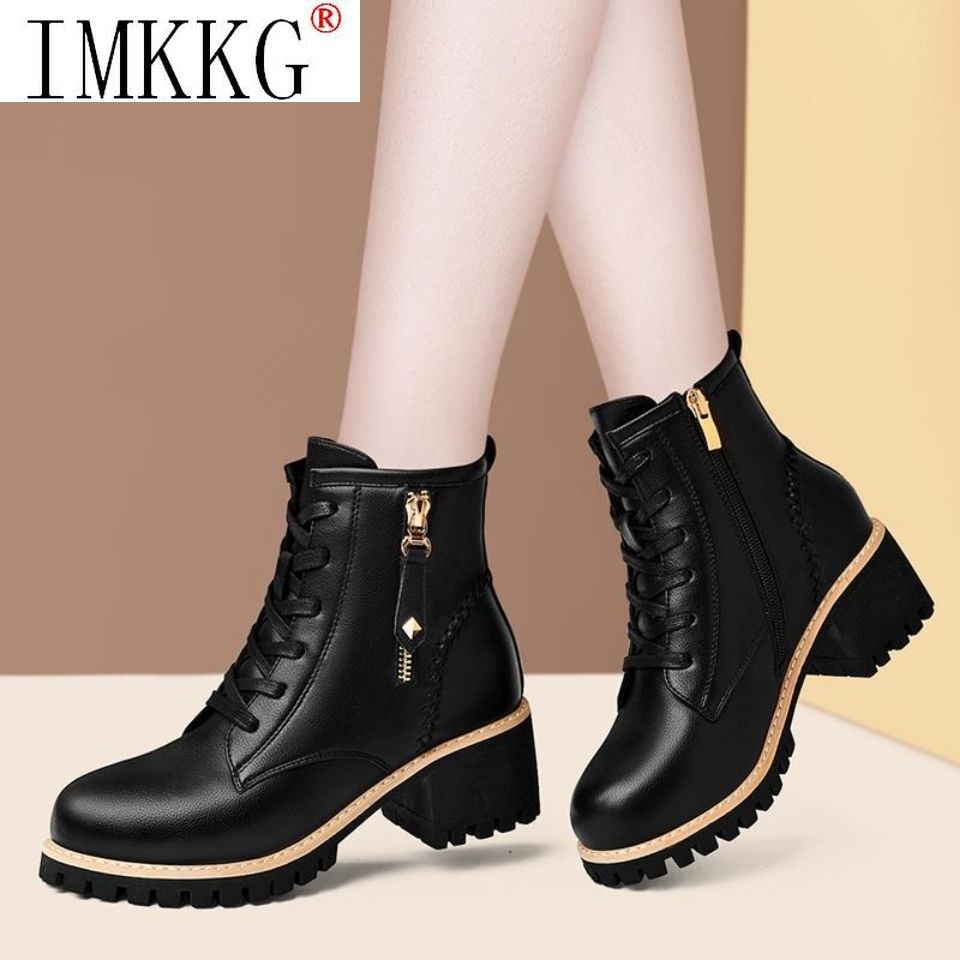 Bottes Martin en cuir souple et coton pour femmes, nouvelles chaussures chaudes de à semelle épaisse assorties avec tout, automne et hiver