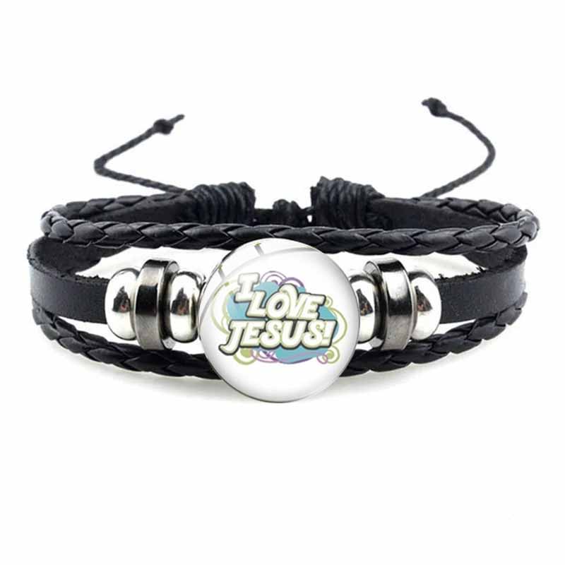 Bracelet avec symbole chrétien de poisson de jésus, bijou en verre fait à la main, Punk, en cuir tissé noir, bijoux manchette pour hommes et femmes: Rhodium plaqué