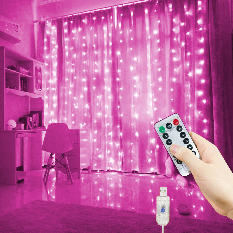 6x3M/3x3m Curtain Garland on The Window USB Power Fairy Lights Festoon with Remote Year Garland Led Lights Christmas Decor: Pink / O