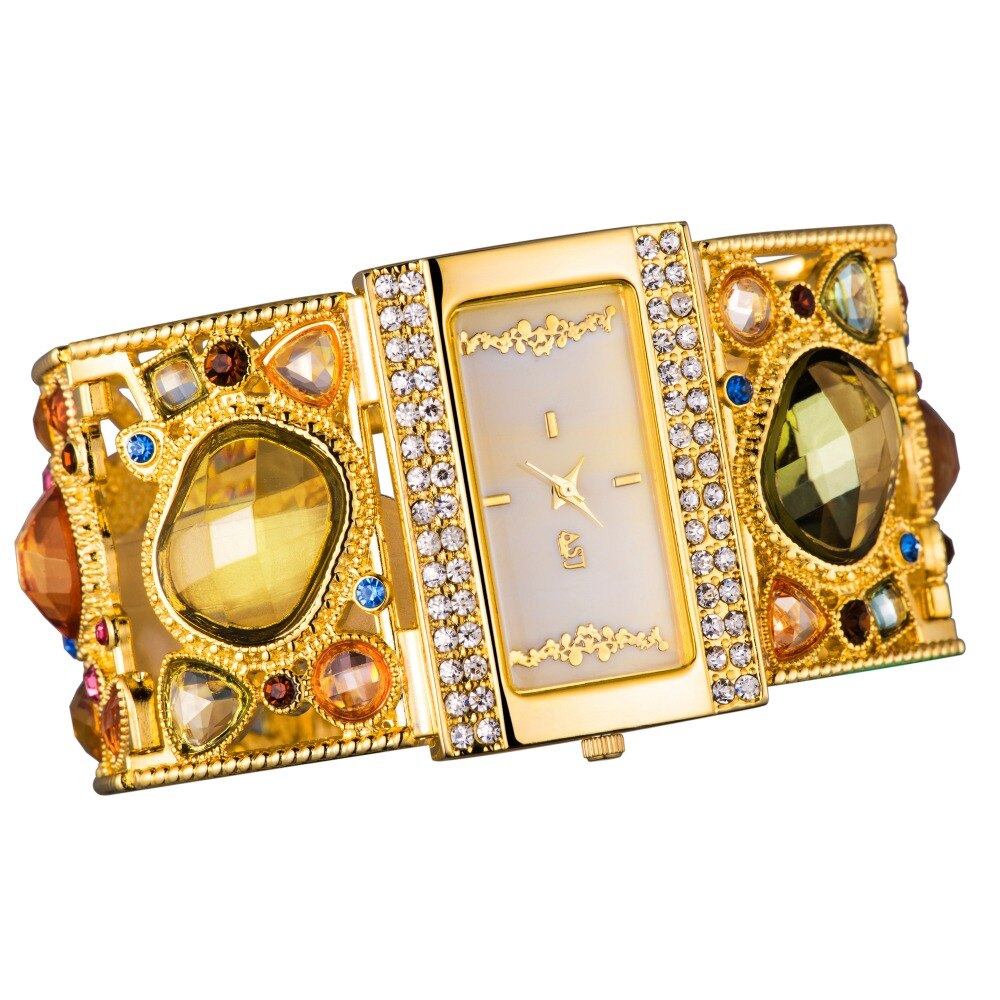 Verbazingwekkend gouden dameshorloge met sierlijke veelkleurige diamantversiering, gouden analoge holle gravure dameshorloges