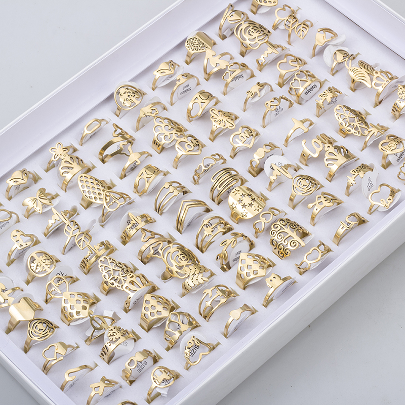 100 Pieces Stainless Steel Engraved Rings for Men and Women Charm Jewelry Hollow Flower Finger Rings Lots: 17 / Gold