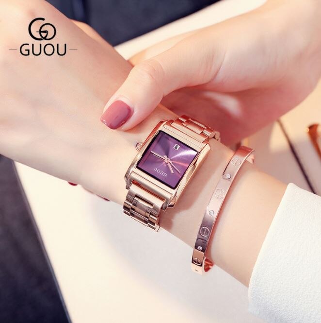 Dameur dameure guou rosa guld armbåndsur rustfrit stål auto date ur ur relogio feminino saat: Lilla