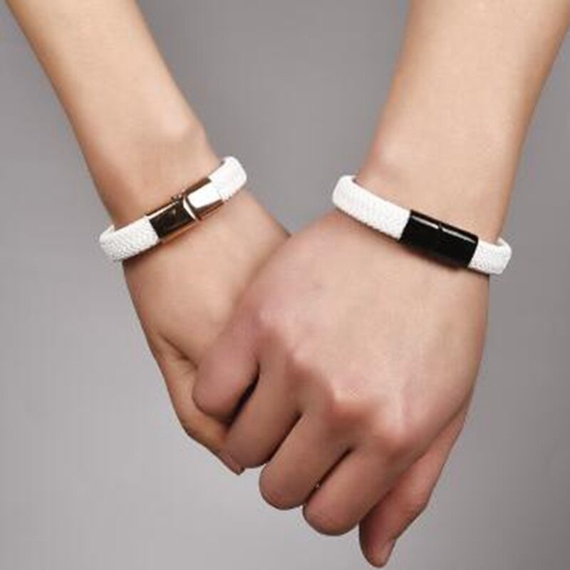 Unisex trend armbånd par smykker hvidt vævet læder metal magnetisk knap armbånd