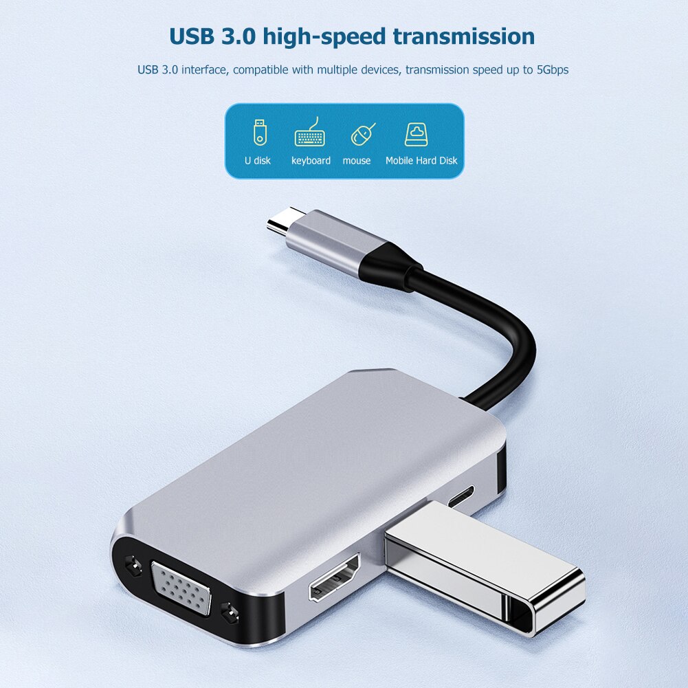 Adater with USB 3.0 60W PD 4K HDMI-compatible VGA 4 in 1 USB Type C Hub for Laptop PC Notebook Smartphone Expansion Converter