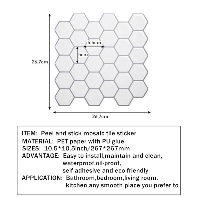 Sekskant off white vinyl sticker selvklæbende tapet 3d skræl og stick firkantede vægfliser til køkken og badeværelse backsplash