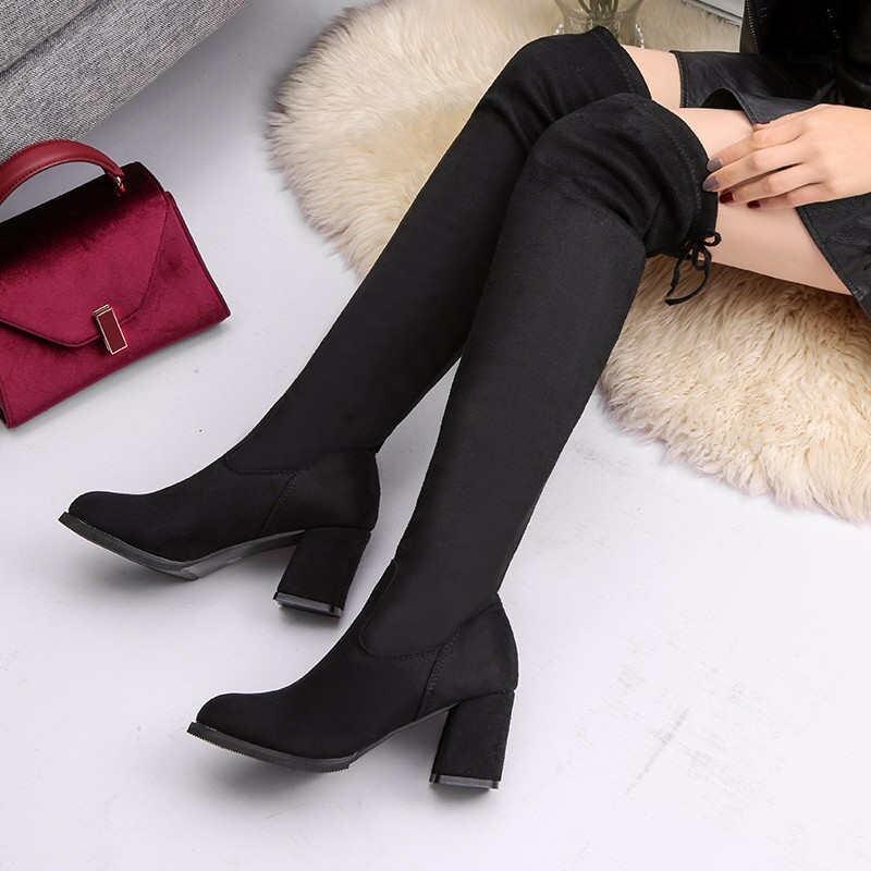 Women Casual Over The Knee Boots Shoes Winter Women Female Round Toe Platform High Heels Pumps Warm Snow Boots Mujer W391: Black / 35
