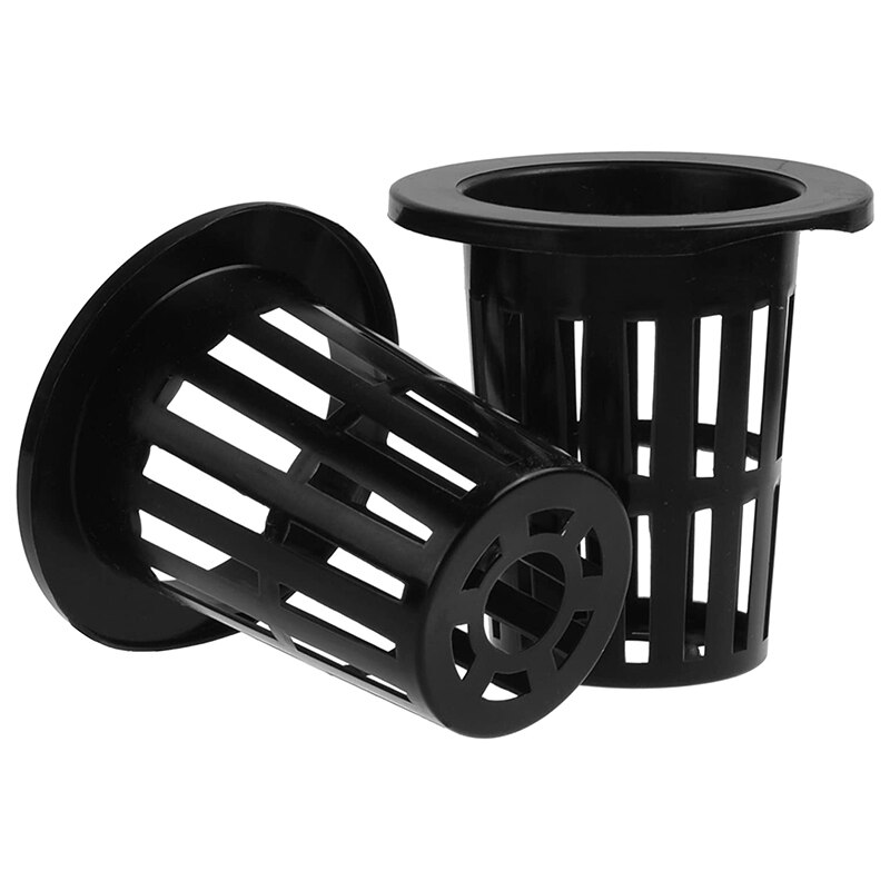 100 Pcs Black Plastic Slotted Mesh Net Plant Cups Pots Bucket Basket for Hydroponics/Aquaponics/Orchids 70MM