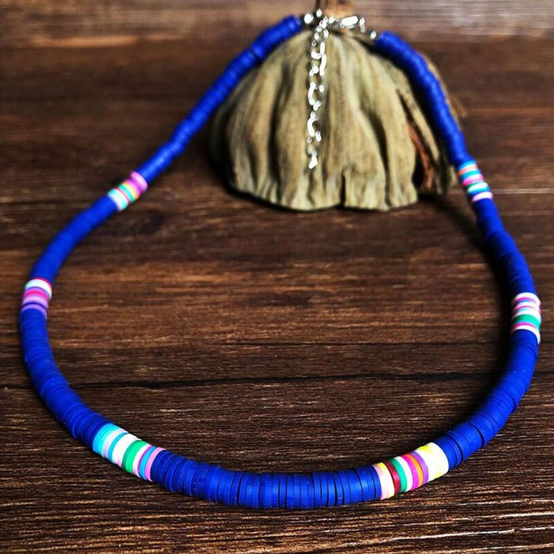 Collier en argile polymère fait à la main, poterie douce, ras du cou, perles de surfeur colorées, bijoux pour femmes: Blue