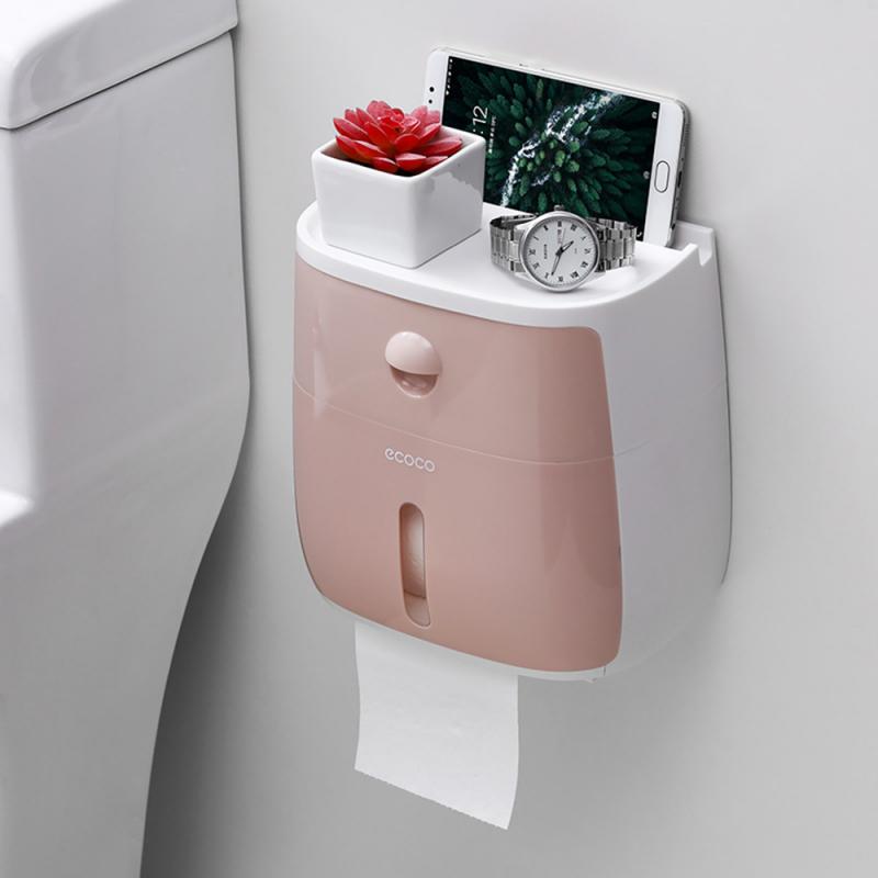 Wc toiletpapirholder vægmonteret toiletpapir bakke rulle med hylde badeværelse arrangør plast tissuekasse rulle papirrør: Lyserød