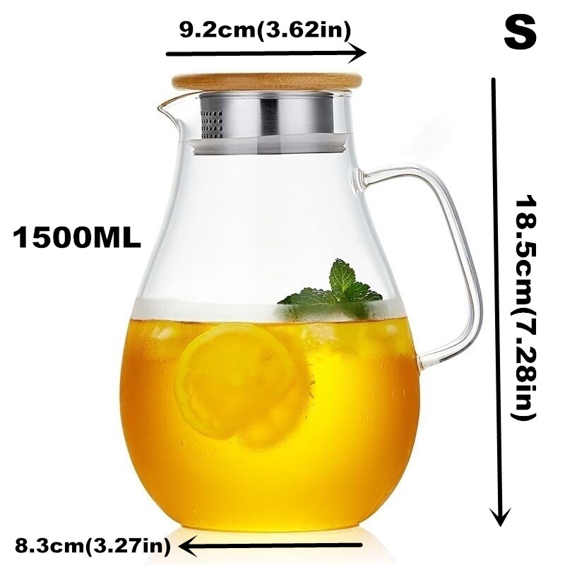 2500ML High Capacity Borosilicate Glass Infuser Teapot Heat-Resisting Tea Pot With Stainless Steel Bamboo Lid Cold Water Kettle: 1500ml bamboo S