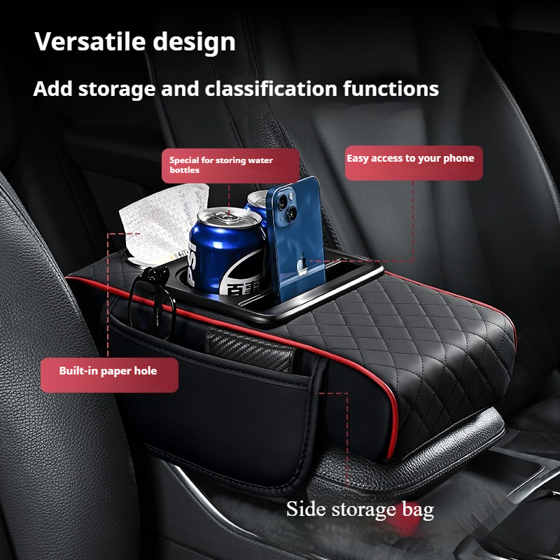 PU Leather Car Armrest Box Heightening Cushion with Cup Holder Tissue Box Side Storage Pocket Arm Rest Cover Height Pad